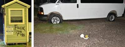 Government evidence exhibit: Vandalized guard shack & van.