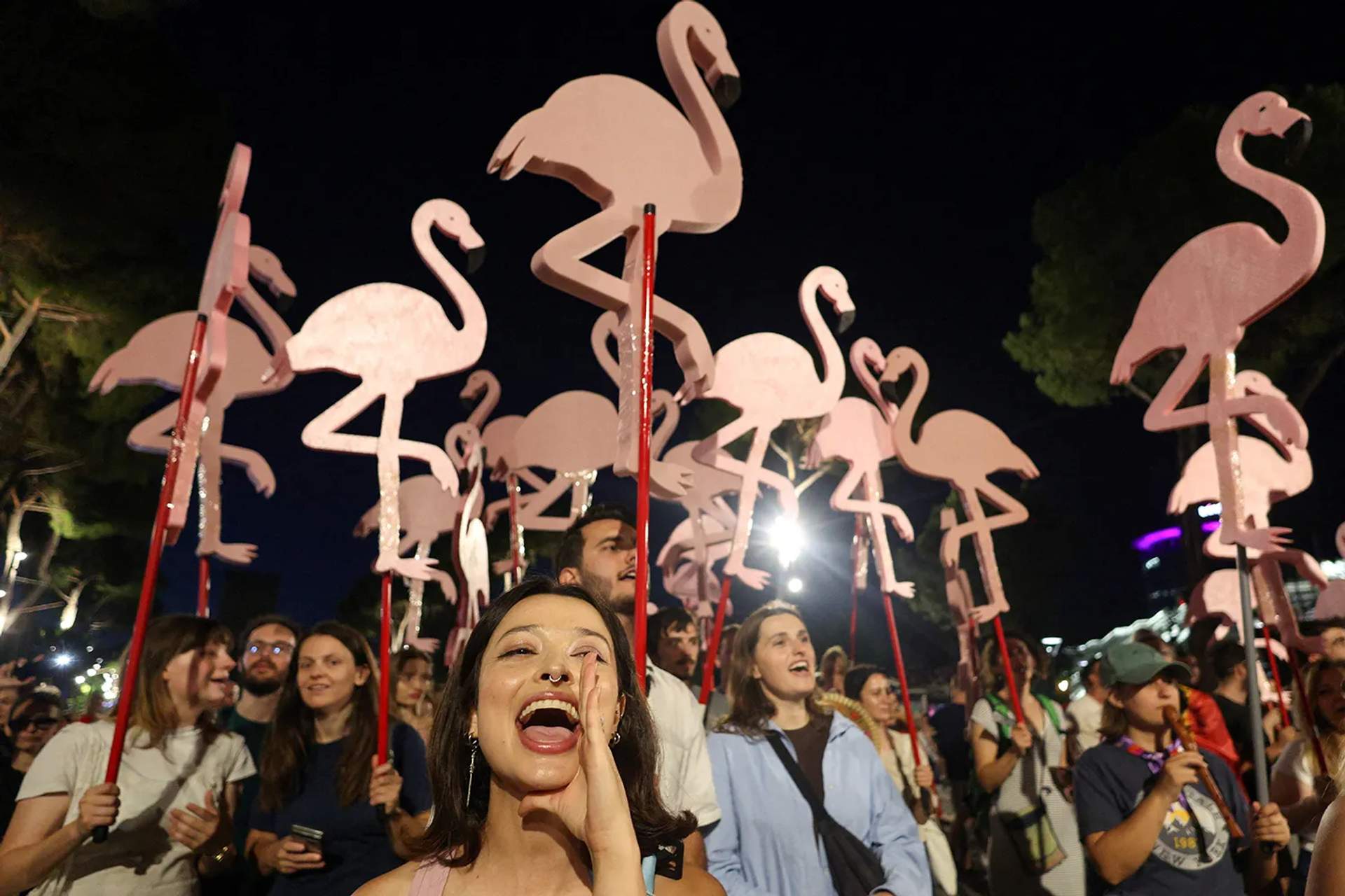 Massive crowd of protesters filling a city square at night with lights and flags during the Flamingo Revolution in Tirana