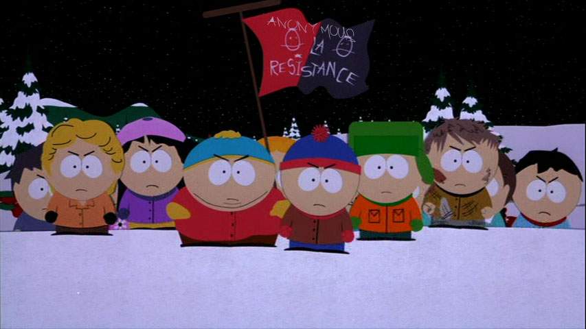 An illustration of animated cartoon characters holding a black-and-red 'Anonymous La Résistance' flag against a night sky.