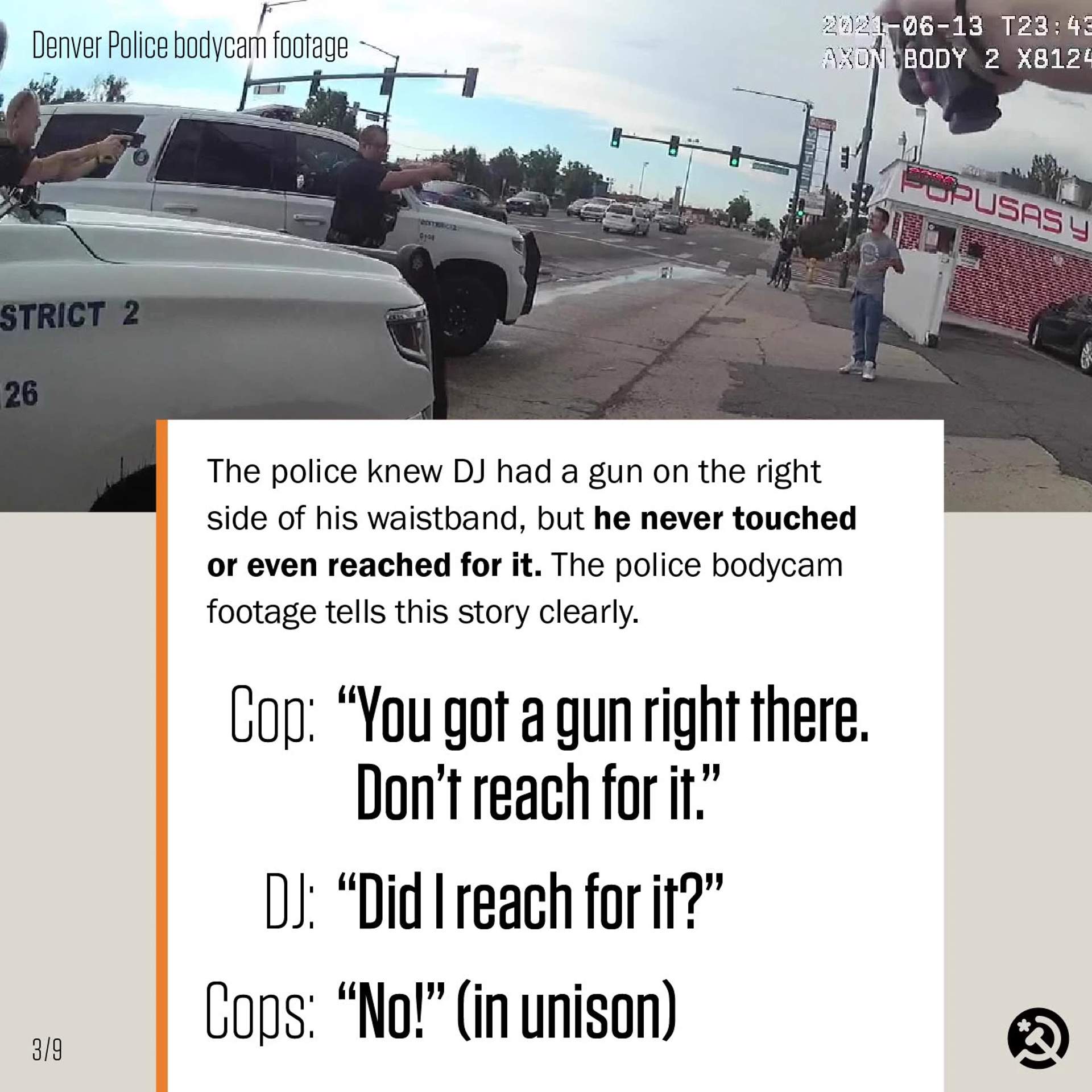 Image showing Denver police drawing weapons on DJ despite him never reaching for his weapon.