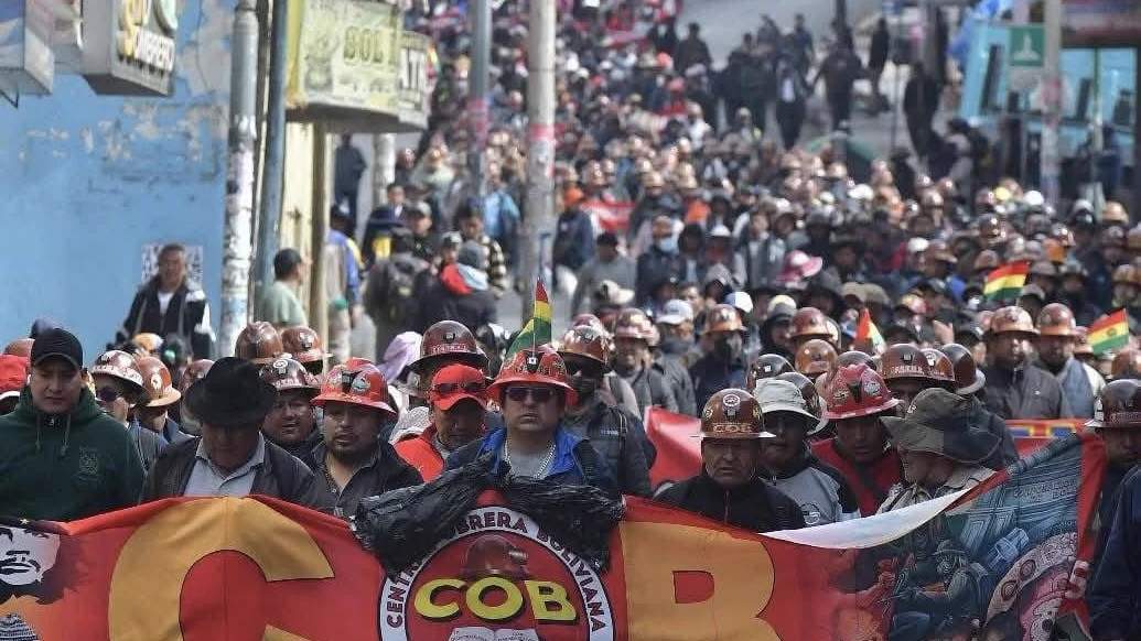 Central Obrera Boliviana (COB) union members marching during the national general strike