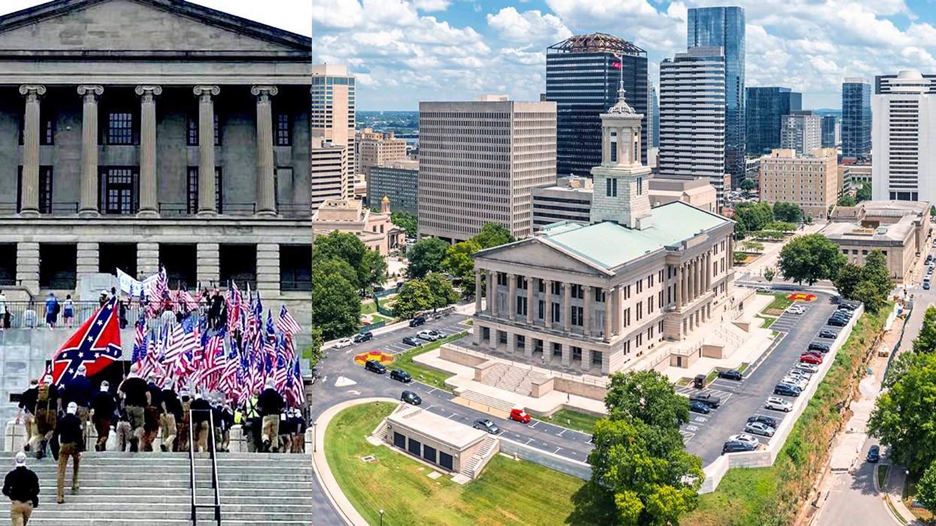 White supremacist marchers in masks and khaki uniforms carrying American flags march outside the Tennessee State Capitol building in Nashville