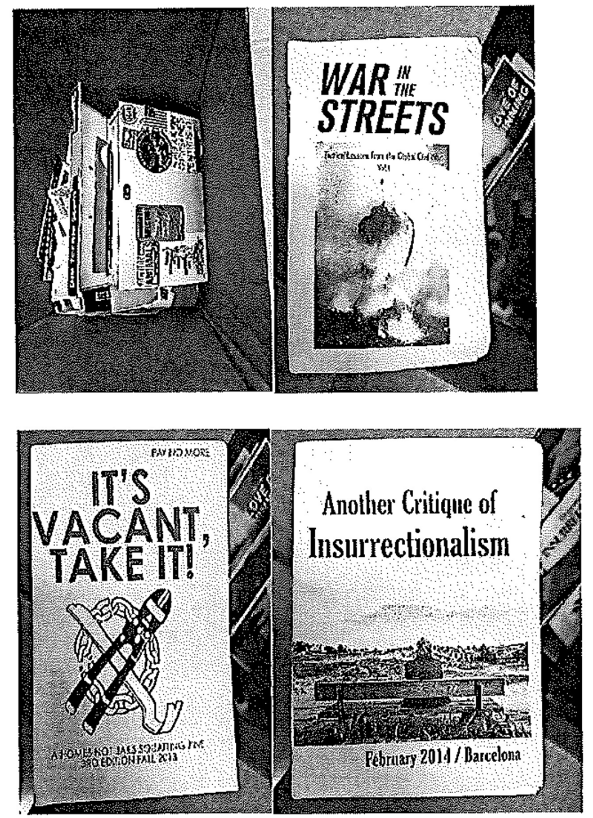 Anarchist zines and literature seized by FBI from a Denton apartment, entered as terrorism evidence.