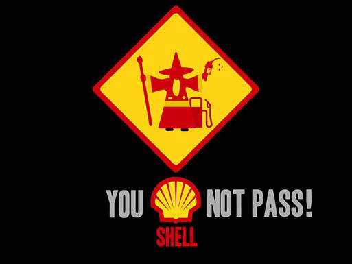 Meme graphic styled like a road sign: a wizard blocking a gas pump, captioned 'You Shell Not Pass!'