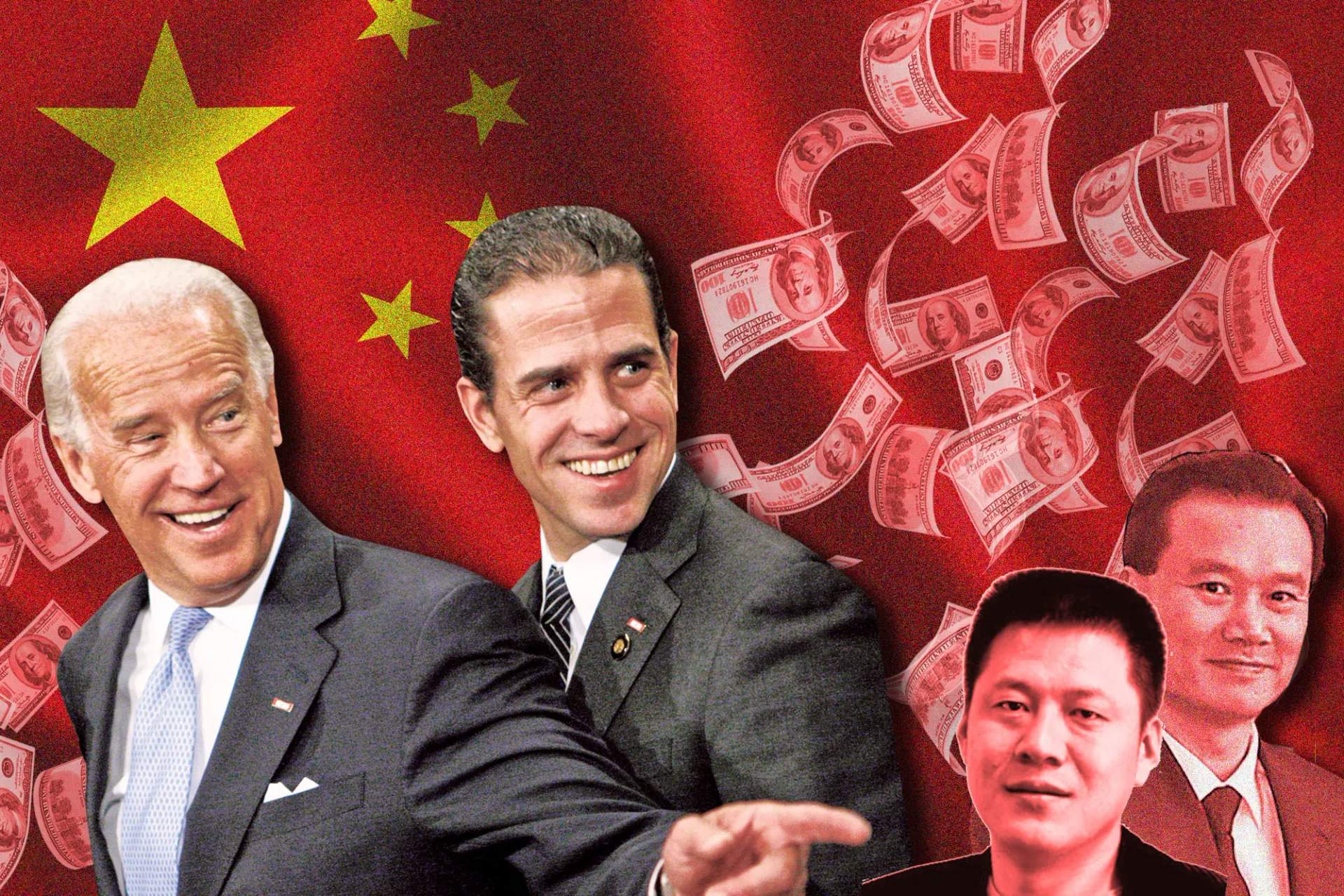 Biden and other officals being showered in money with a Chinese flag background