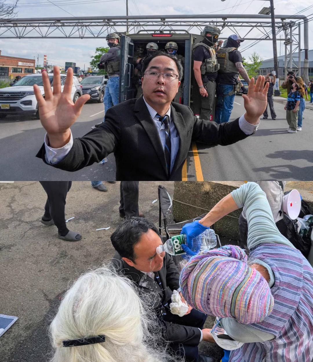 Sen. Andy Kim having pepper ball dust washed out of his eyes.