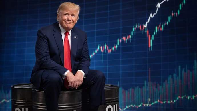 Donald Trump sits on top of oil barrels in front of a Brent crude chart.