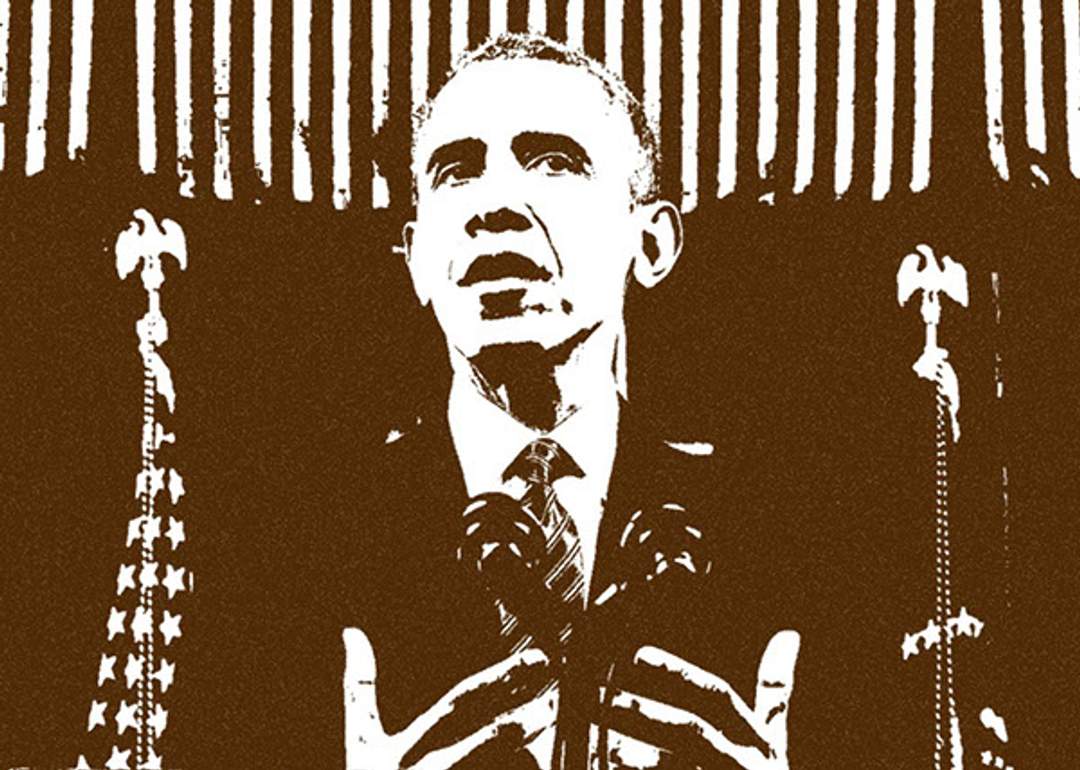 Stylized duotone illustration of President Obama speaking at a podium flanked by the American flag and ceremonial eagle standards.