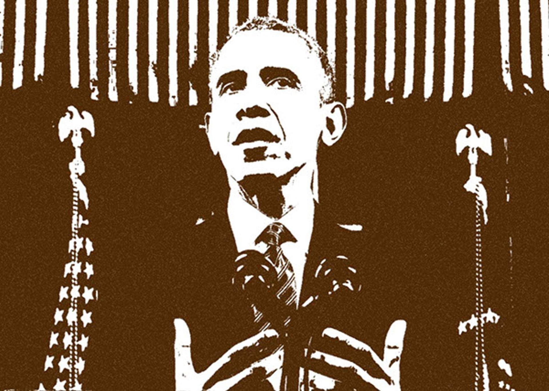 Stylized duotone illustration of President Obama speaking at a podium flanked by the American flag and ceremonial eagle standards.