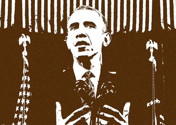 Stylized duotone illustration of President Obama speaking at a podium flanked by the American flag and ceremonial eagle standards.