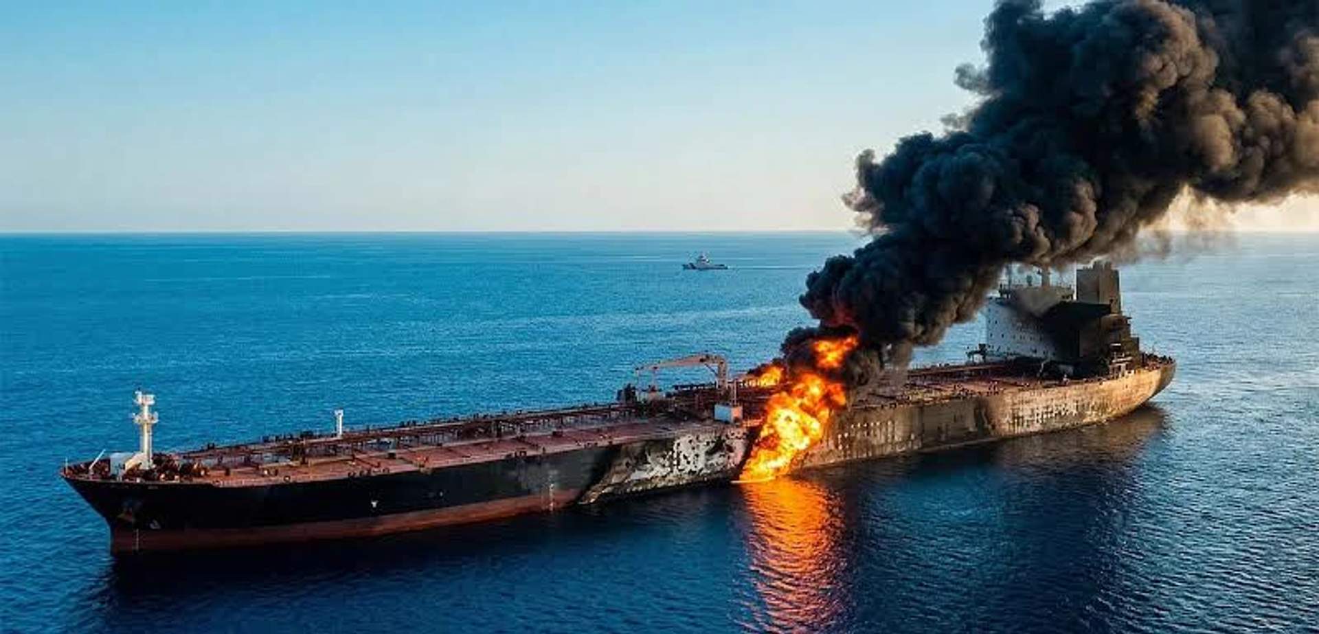 An oil tanker on fire in the Sea of Oman, near to the Strait of Hormuz, on June 13.