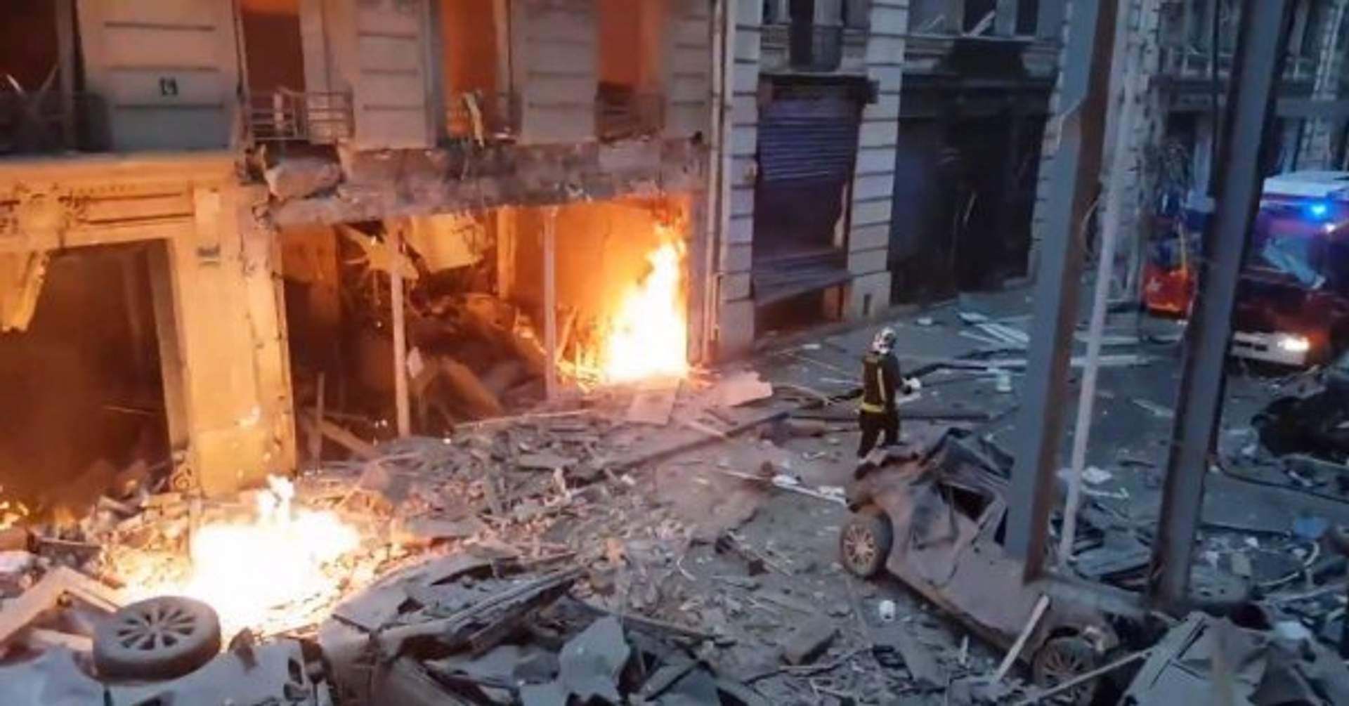 Paris bakery explosion aftermath - street view showing blast damage