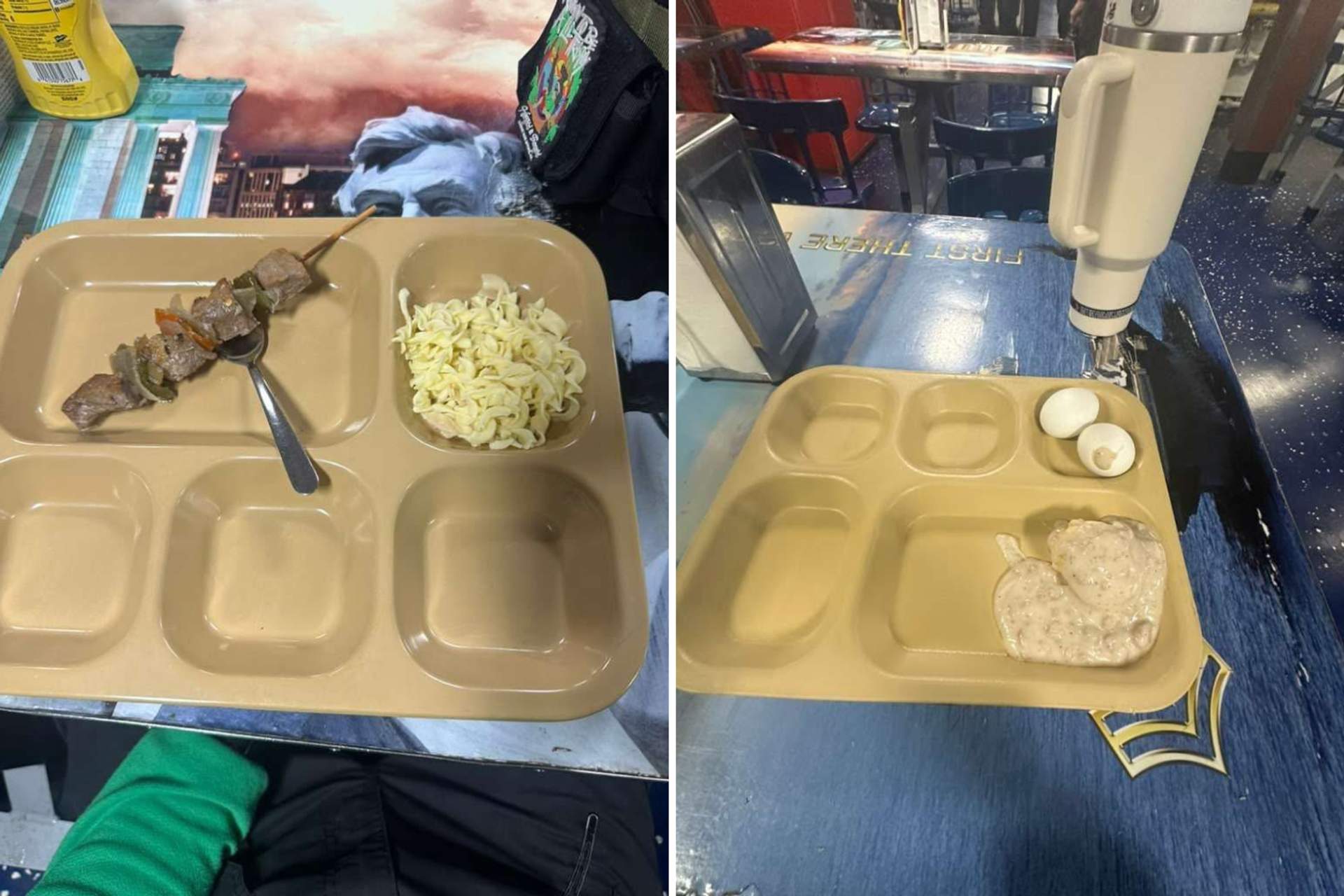 Two photos of food trays shared by family members showing small, inadequate meal portions served to sailors aboard the USS Abraham Lincoln during combat operations.