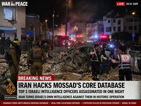 Fake Al Jazeera broadcast screenshot, showing Mossad cyber attack details