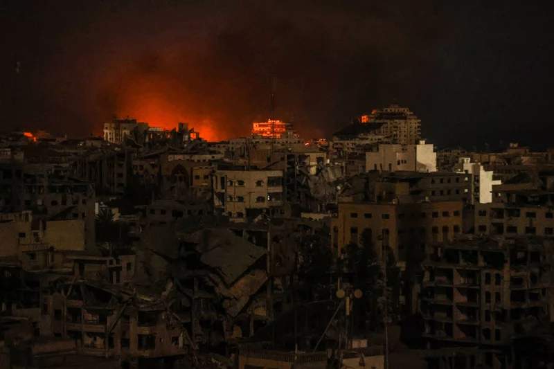Flames and smoke rise in Tel al-Hawa neighborhood as Israeli attacks continue on the 24th day in Gaza City, Gaza on October 30, 2023.