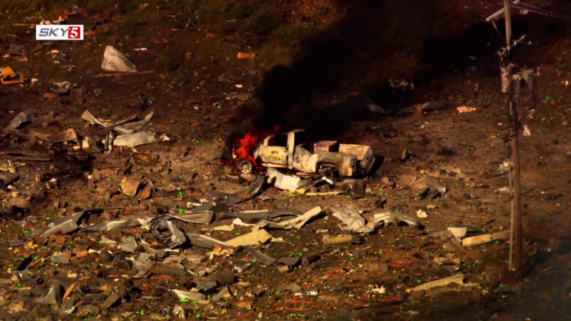 Aerial photograph of destroyed building at Accurate Energetic Systems plant after deadly explosion in Humphreys County, Tennessee on October 10, 2025