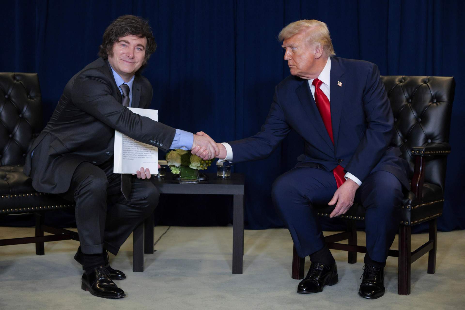 Javier Milei and Donald Trump shaking hands and giving thumbs up at a meeting table with American and Argentine flags