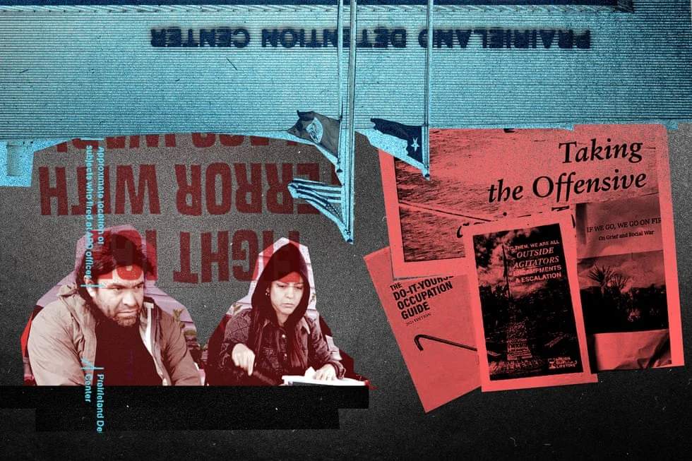 Distressed red-and-teal collage juxtaposing a Prairieland Detention Center facade and two hooded figures with a stack of activist zine covers, including "Taking the Offensive" and "The Do-It-Yourself Occupation Guide."