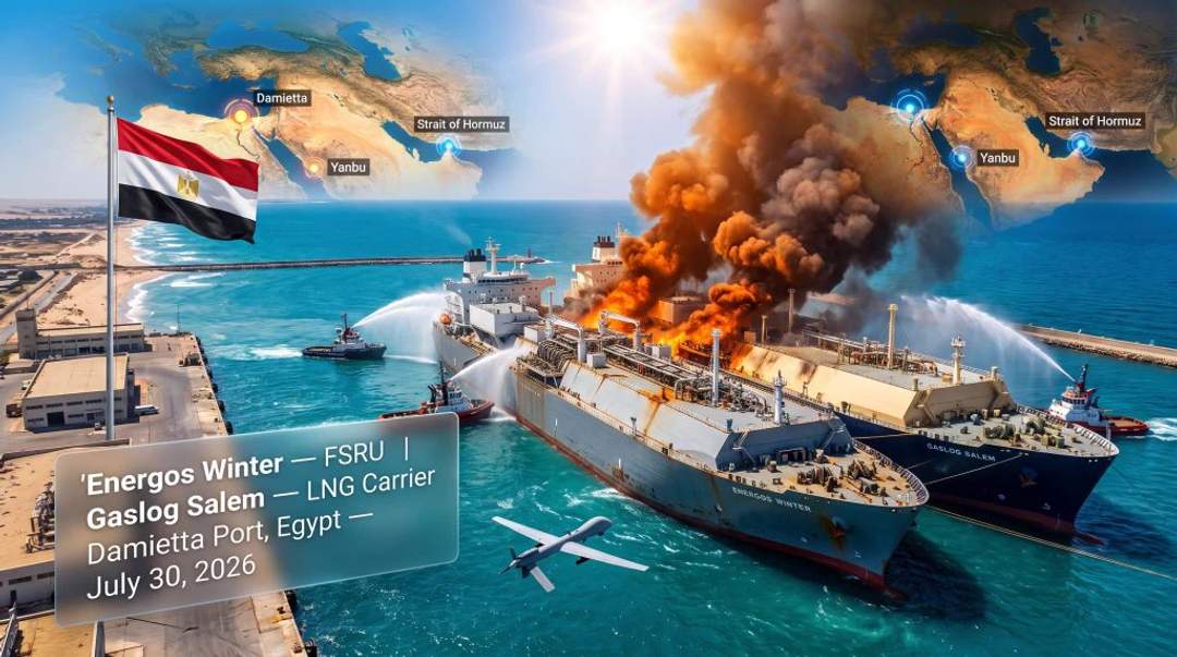 Smoke and fire visible on two large industrial vessels at a port facility during the drone attack aftermath at Damietta, Egypt
