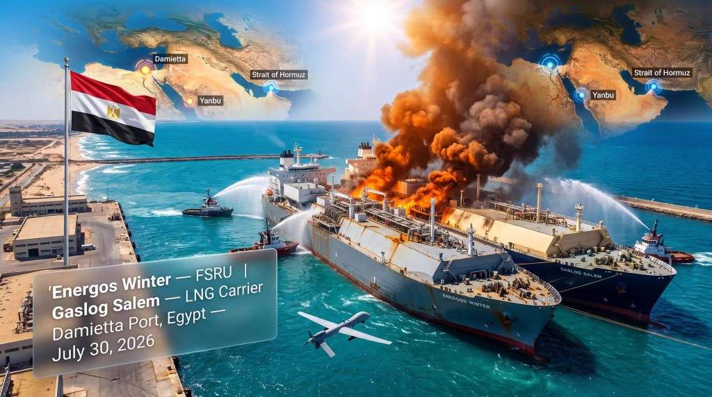 Smoke and fire visible on two large industrial vessels at a port facility during the drone attack aftermath at Damietta, Egypt