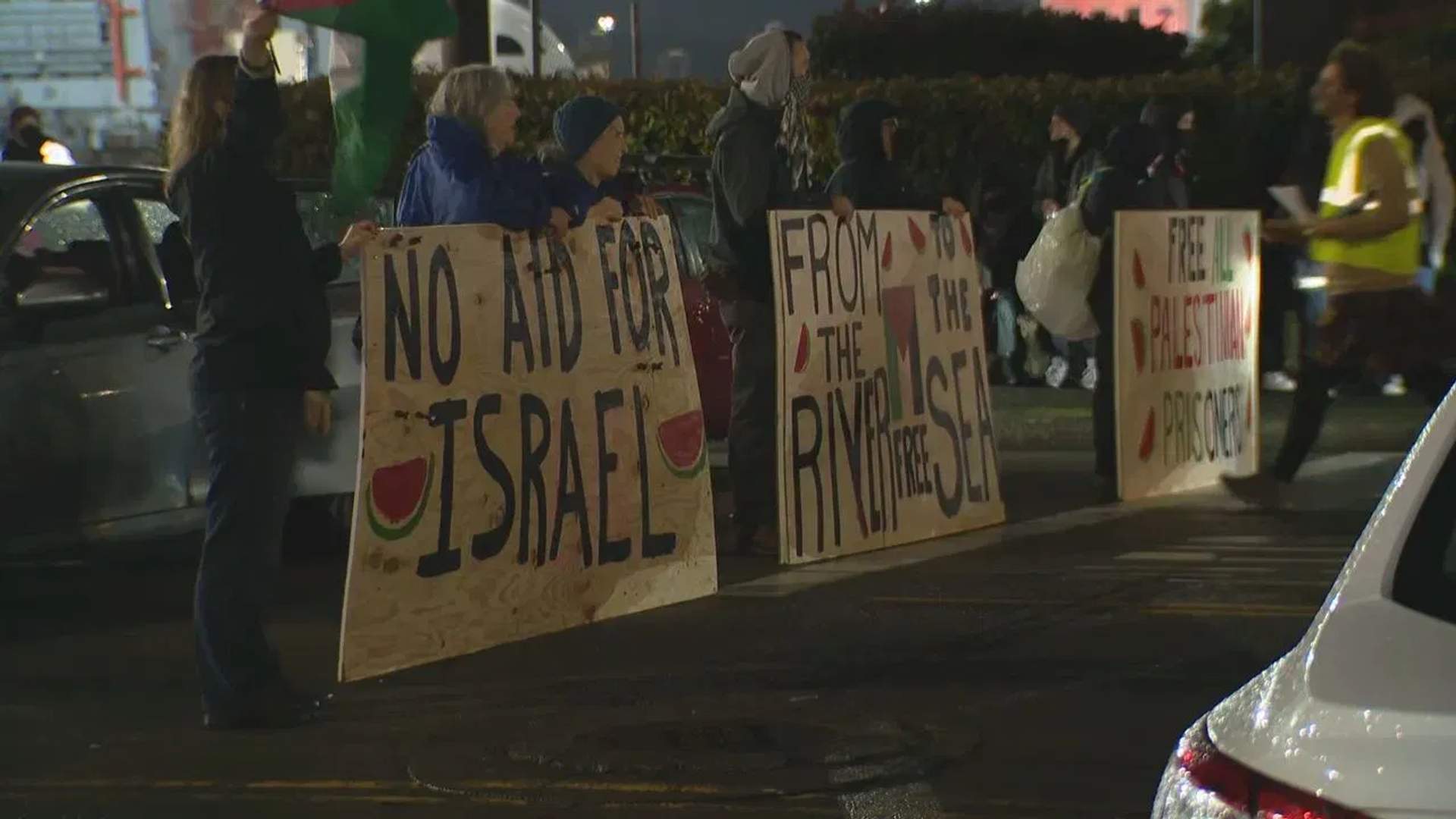 Pro-Palestinian demonstrators swarm the Port of Tacoma, to protest a Middle East-bound ship full of what they believe to be military equipment and weapons. Nov. 6, 2023