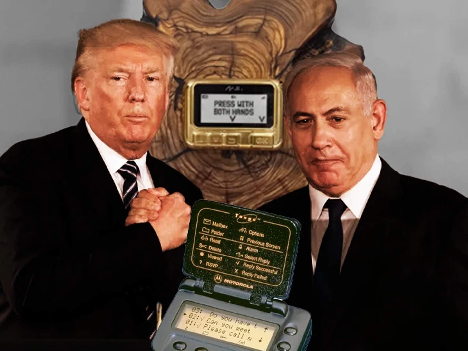 Photoshopped image of Trump & Netanyahu shaking hands in front of the gold pager Bibi gifted Donald.