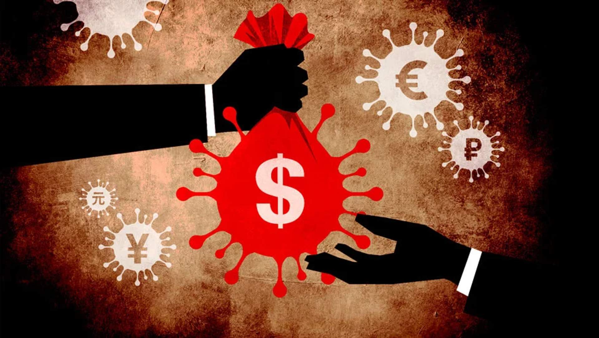 Illustration of a Covid Molocule shaped like a money bag being passed from one businessman to antoehr