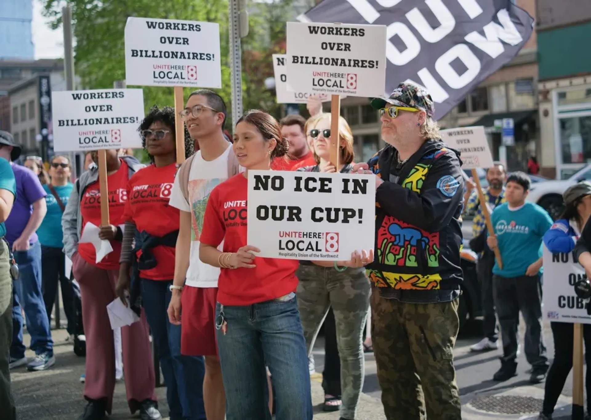  Unite Here Local 8 members picket the Hilton Suites ahead of the 2026 World Cup in Seattle.