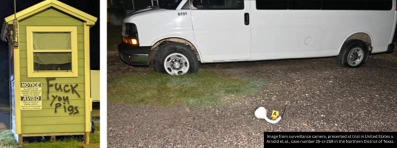 Surveillance camera image showing vandalized vehicles and guard shack at the Prairieland Detention Center with graffiti and punctured tires