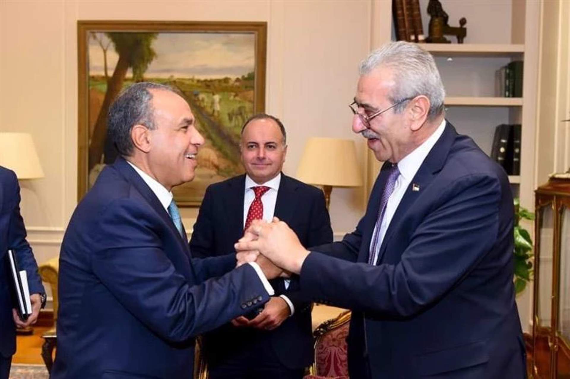 Ali Shaath shakes hands with Egyptian Foreign Minister at diplomatic meeting in Cairo