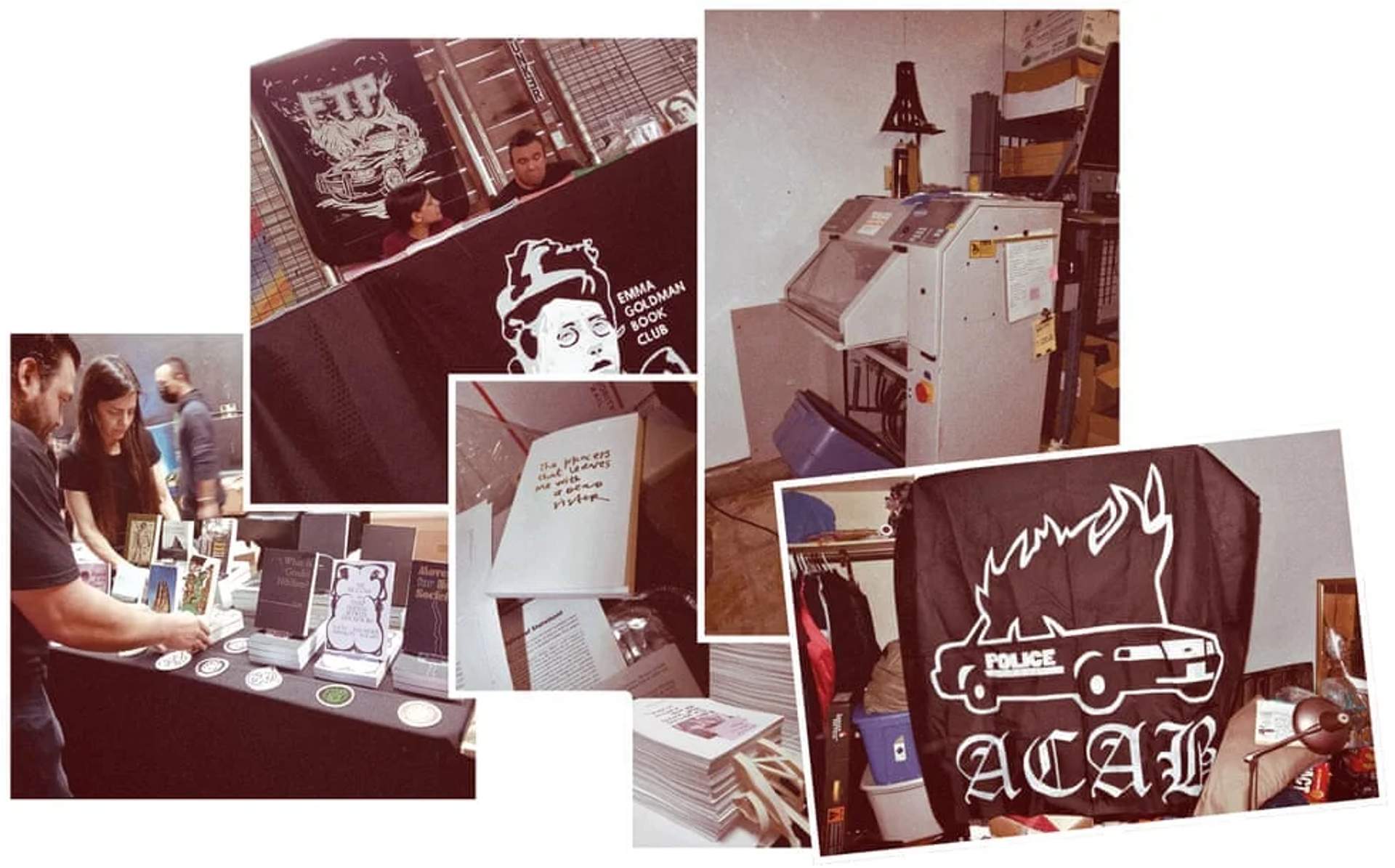 Government evidence exhibit: Printing press, anarchist literature & flags.