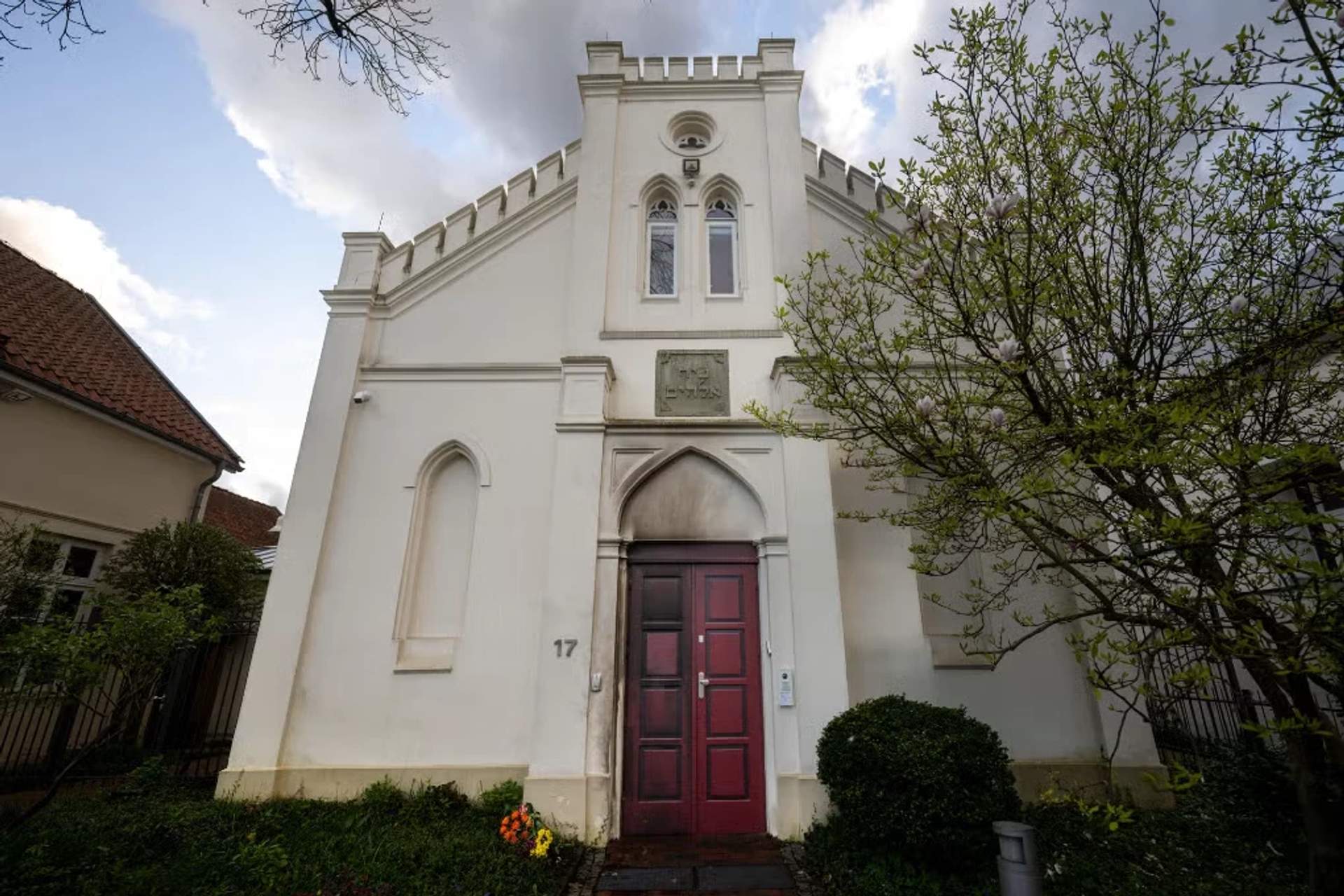 Exterior of the Oldenburg Synagogue showing fire damage from an attempted arson