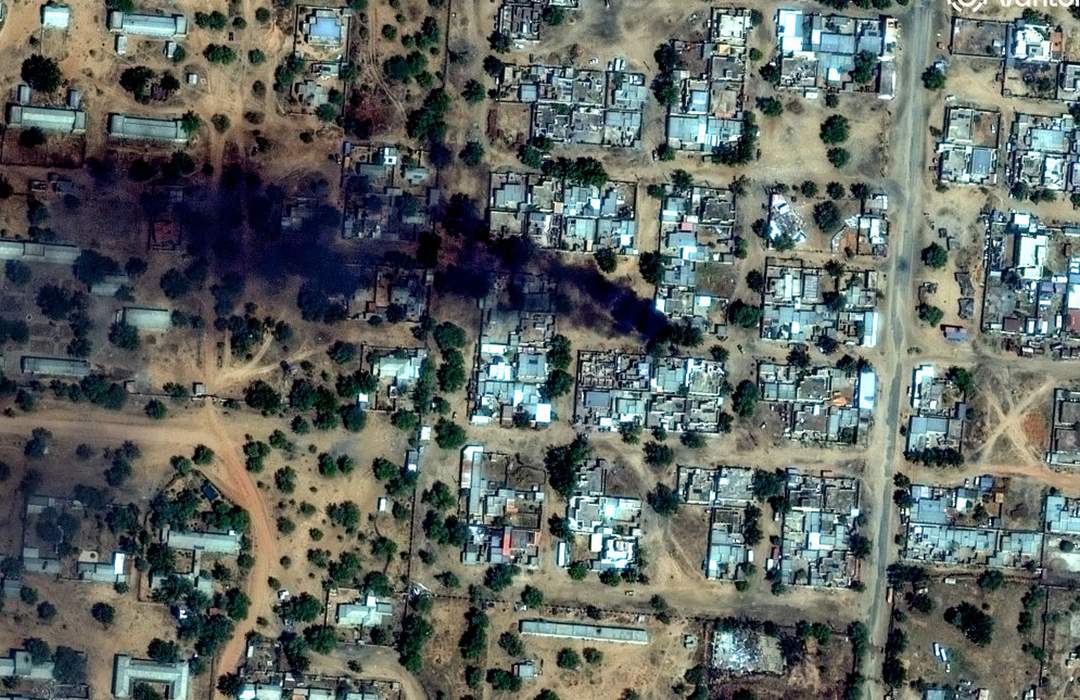 Satellite image shows fires and smoke near El Fasher airport as RSF forces captured the city in October 2025
