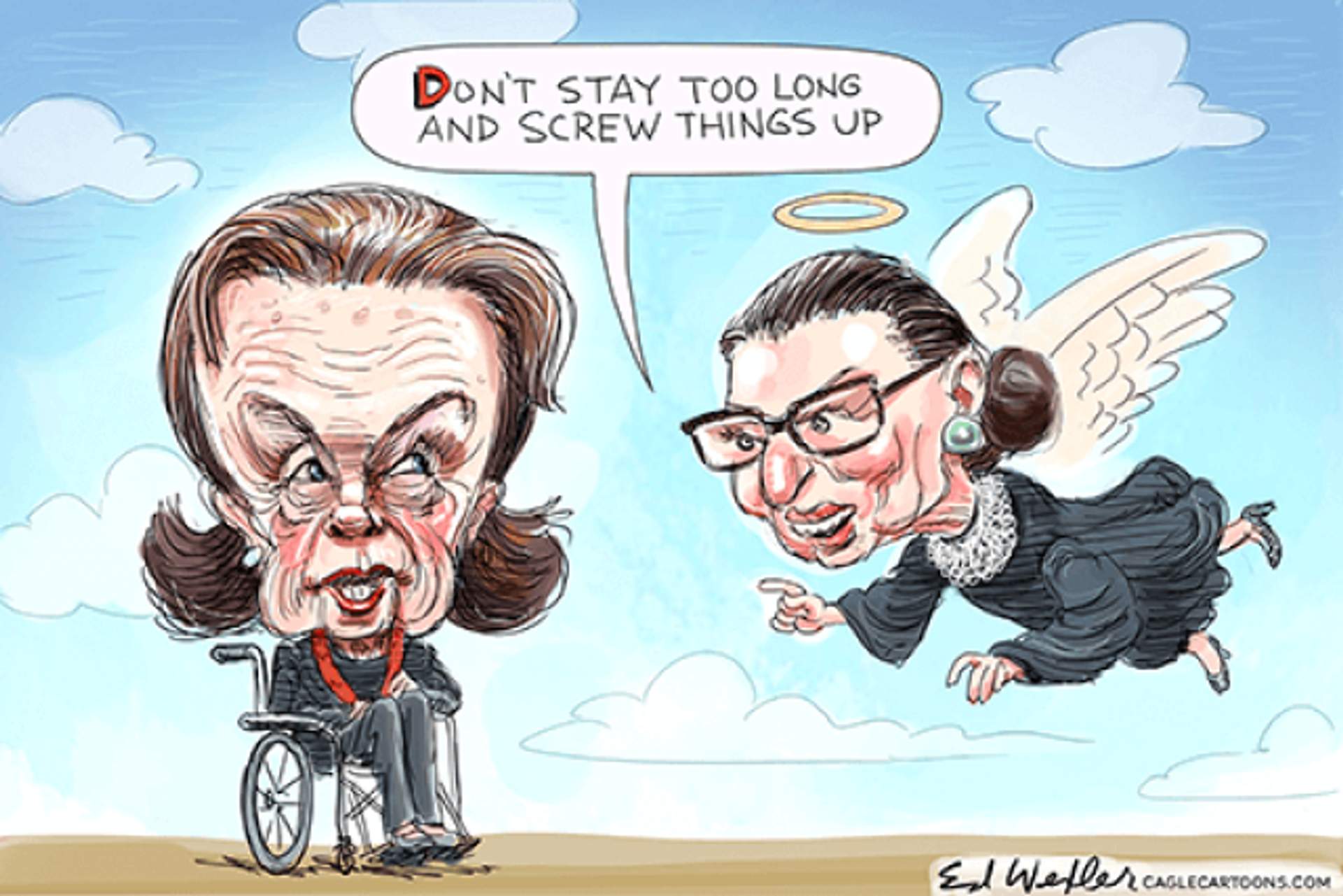 Senator Dianne Feinstein Political Cartoon RBG telling her dont stay too long.