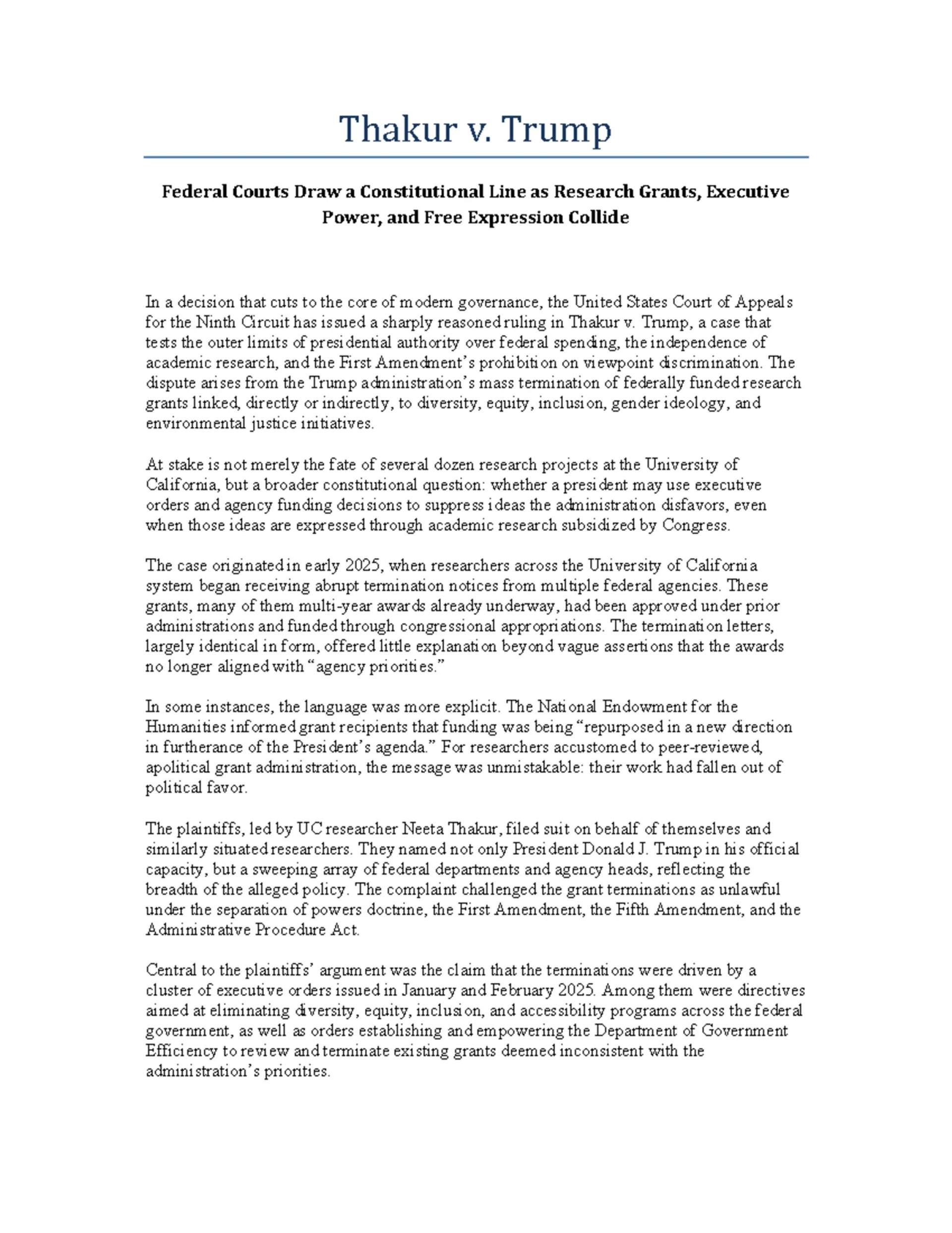 9th Supreme Court ruling on the Thakur v Trump lawsuit challenging federal research grant terminations.