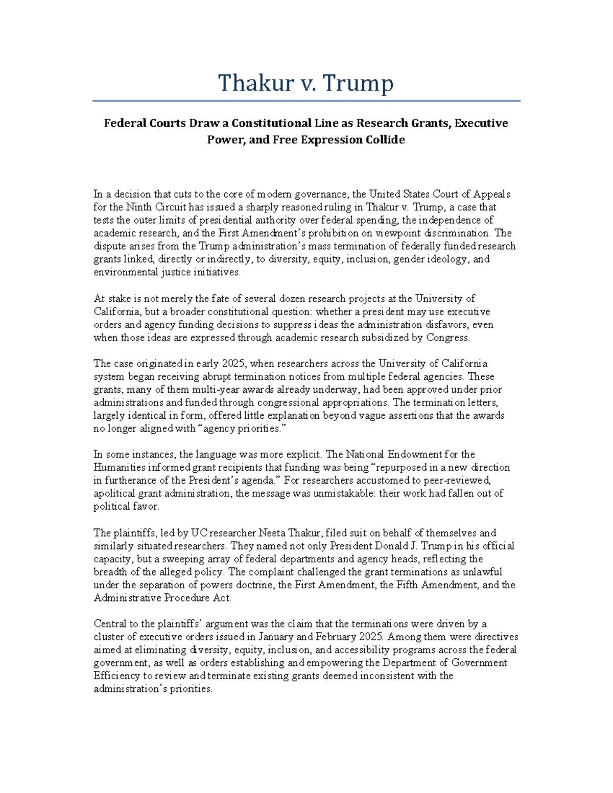9th Supreme Court ruling on the Thakur v Trump lawsuit challenging federal research grant terminations.