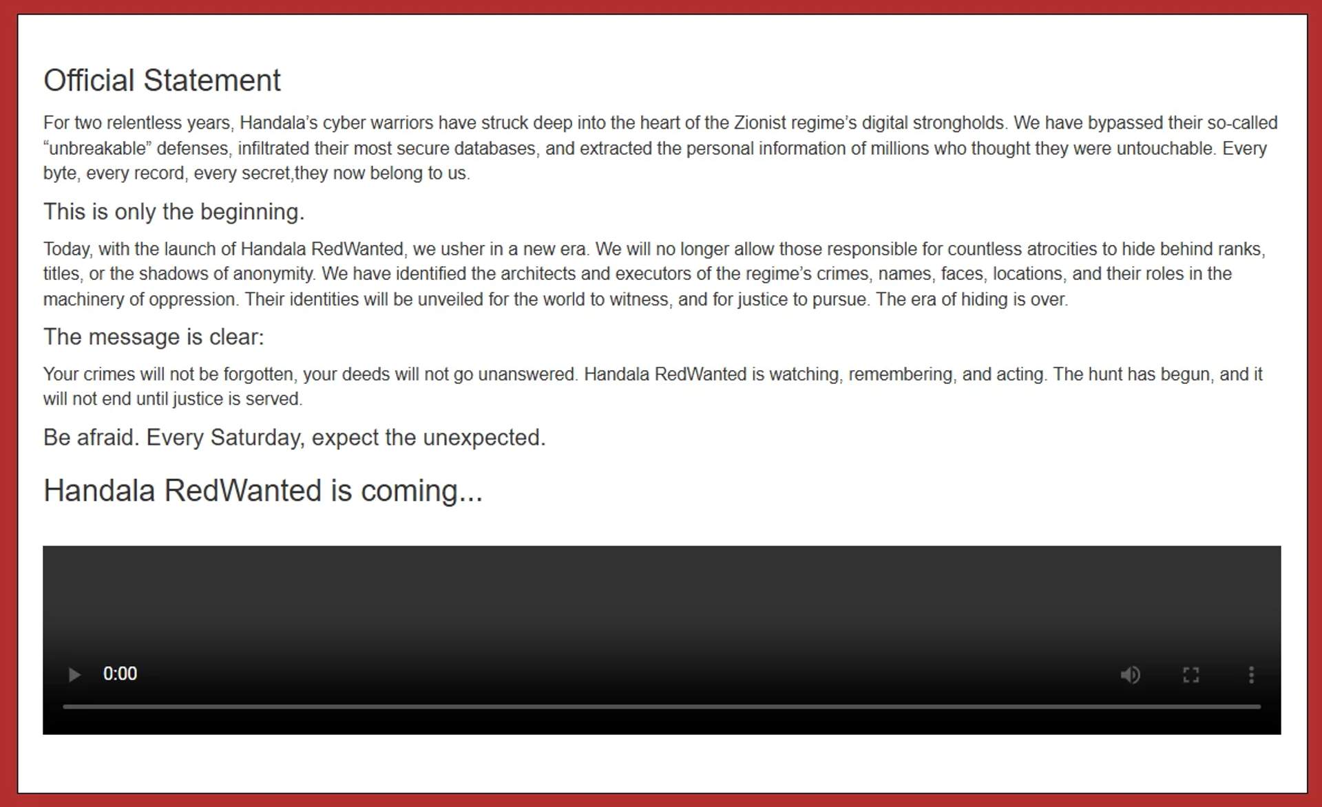Handala Hackers Statement from their Website.