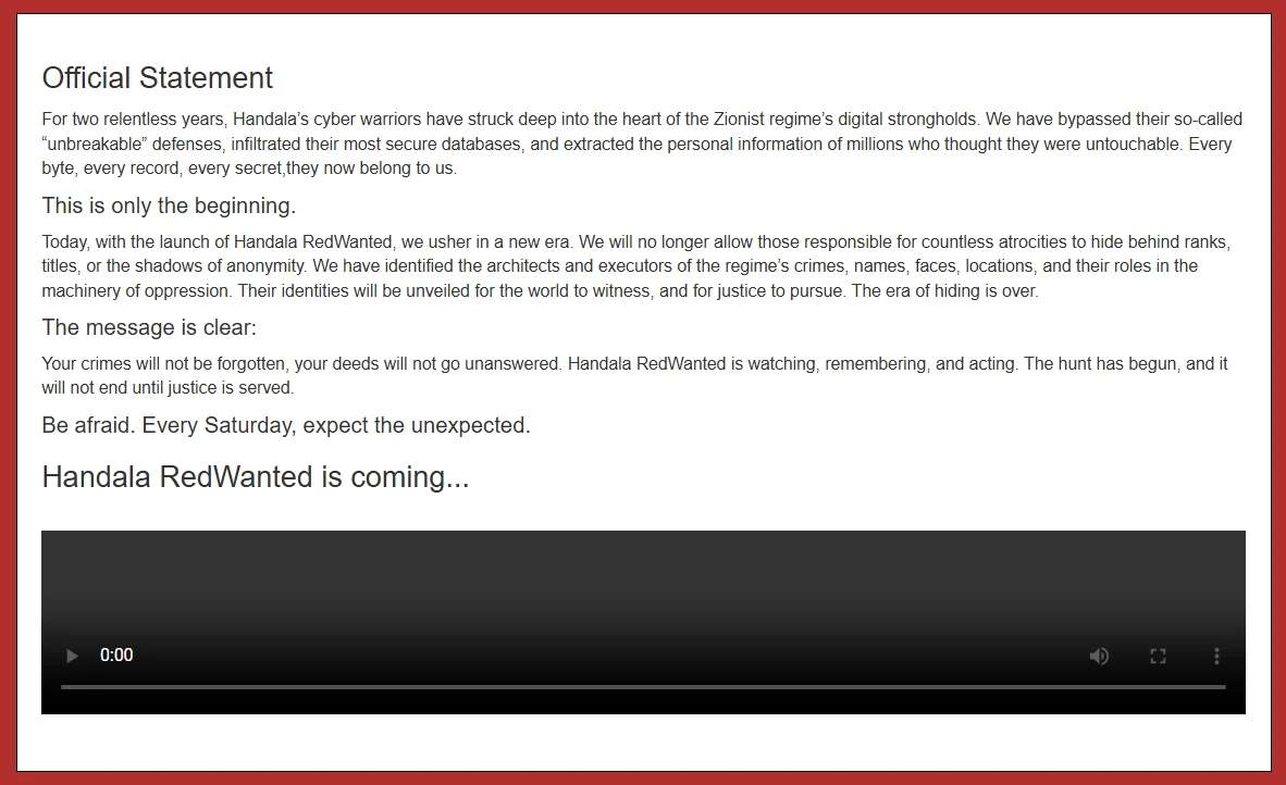 Handala Hackers Statement from their Website.