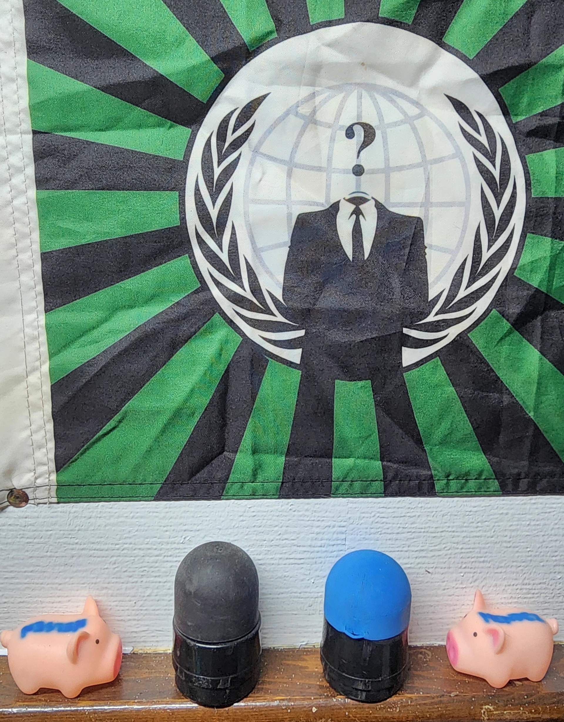 Mendez & Nelsen piggies sitting facing the rubber bullets their respective real life officers shot me with while covering protest in Denver.