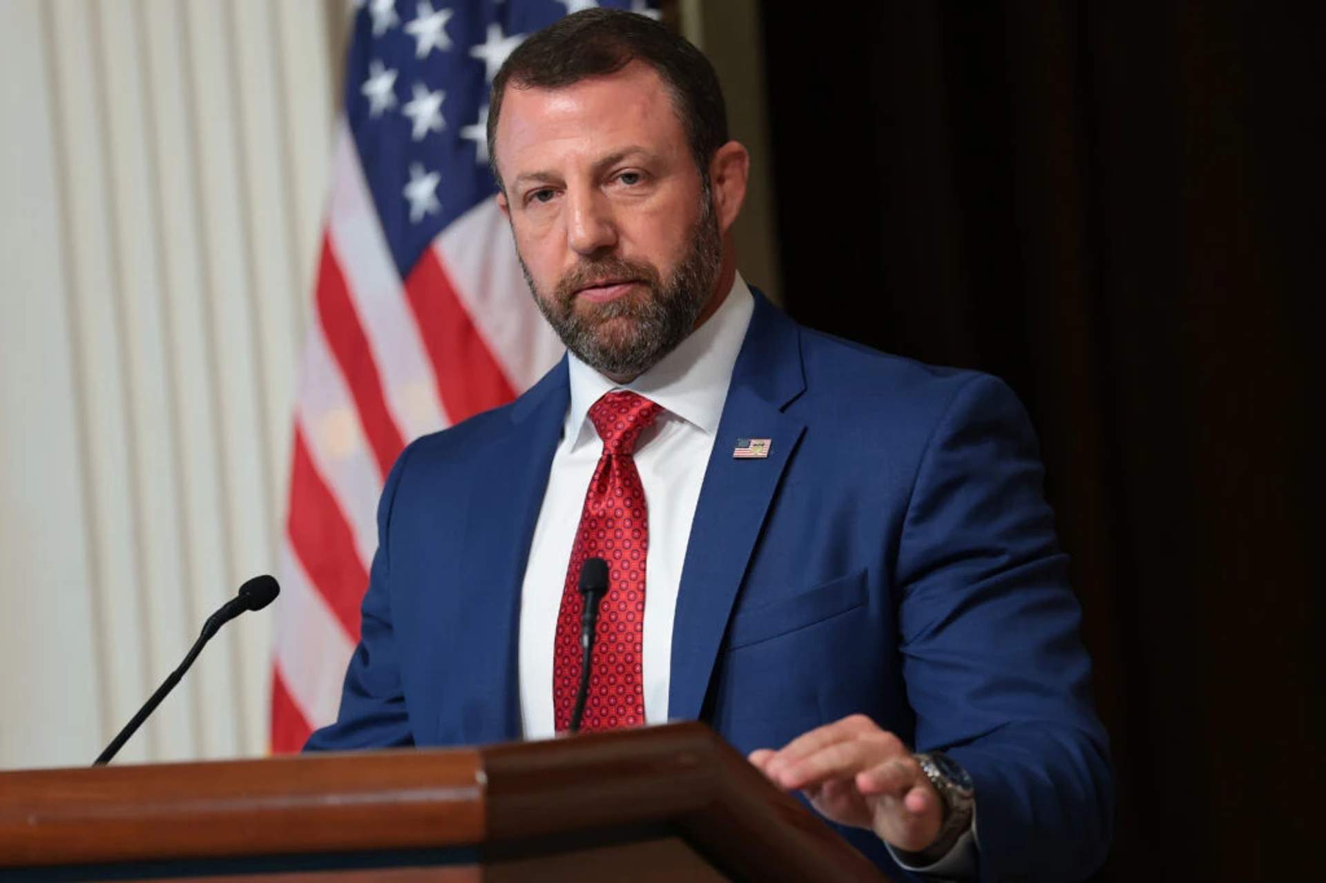 DHS Secretary Markwayne Mullin at podium during press conference on election security, July 17, 2026
