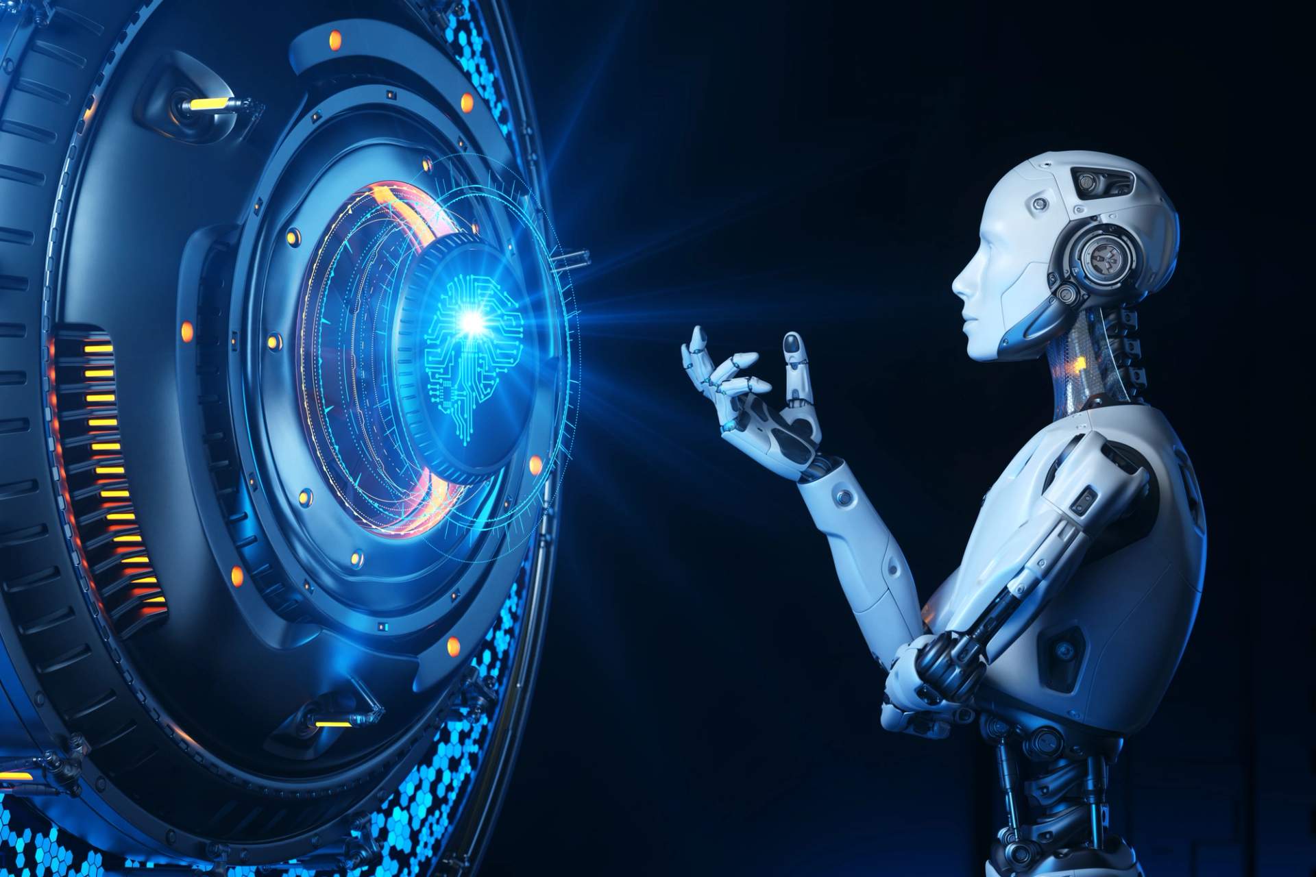 An AI robot looks at a futuristic computer system