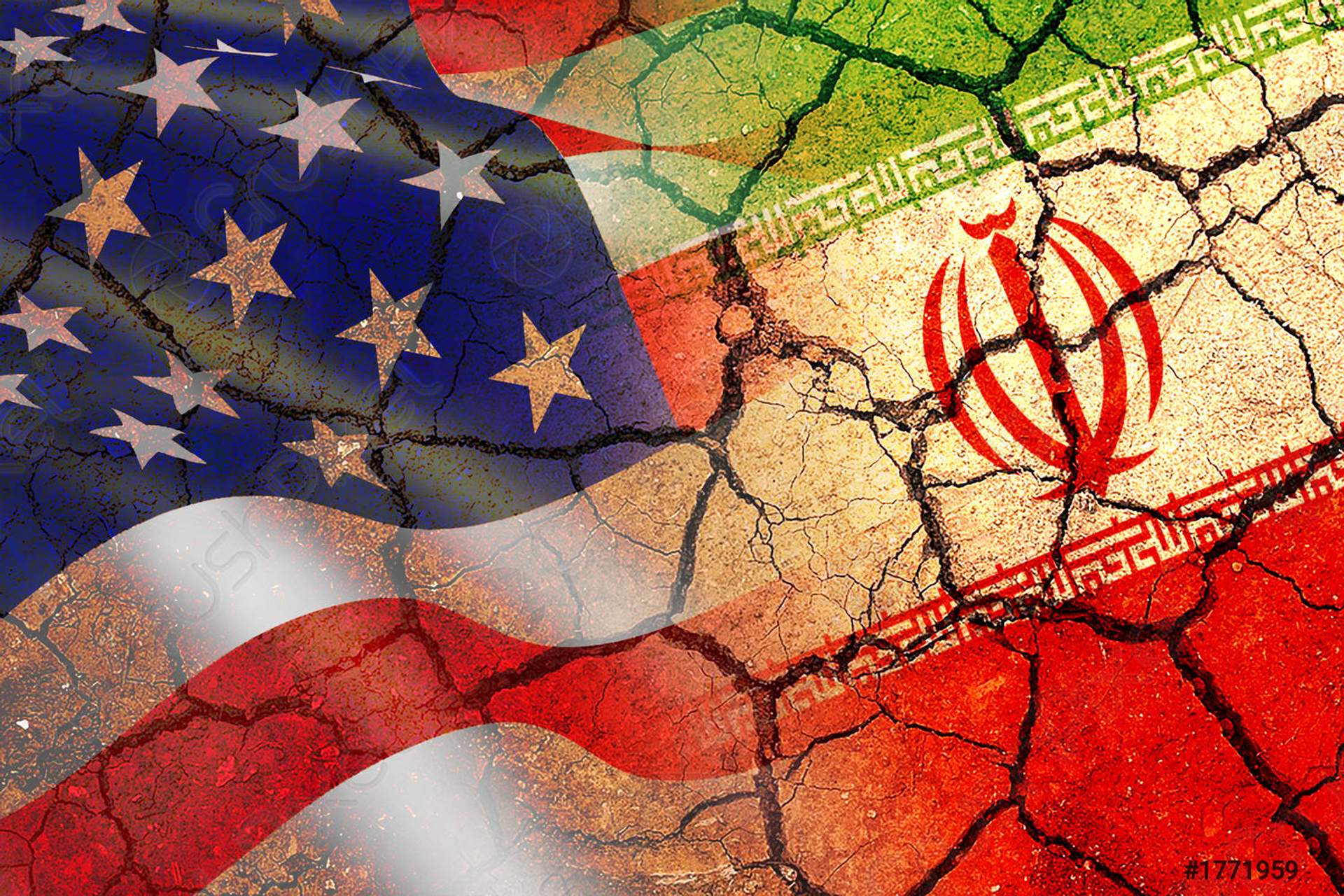 Graphic US Iran Flags over Broken Ground