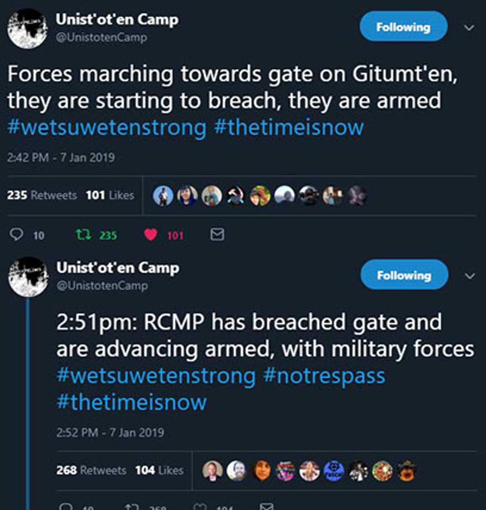 Wet'suwet'en land defenders at the Unist'ot'en checkpoint facing RCMP mobilization