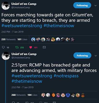 Wet'suwet'en land defenders at the Unist'ot'en checkpoint facing RCMP mobilization