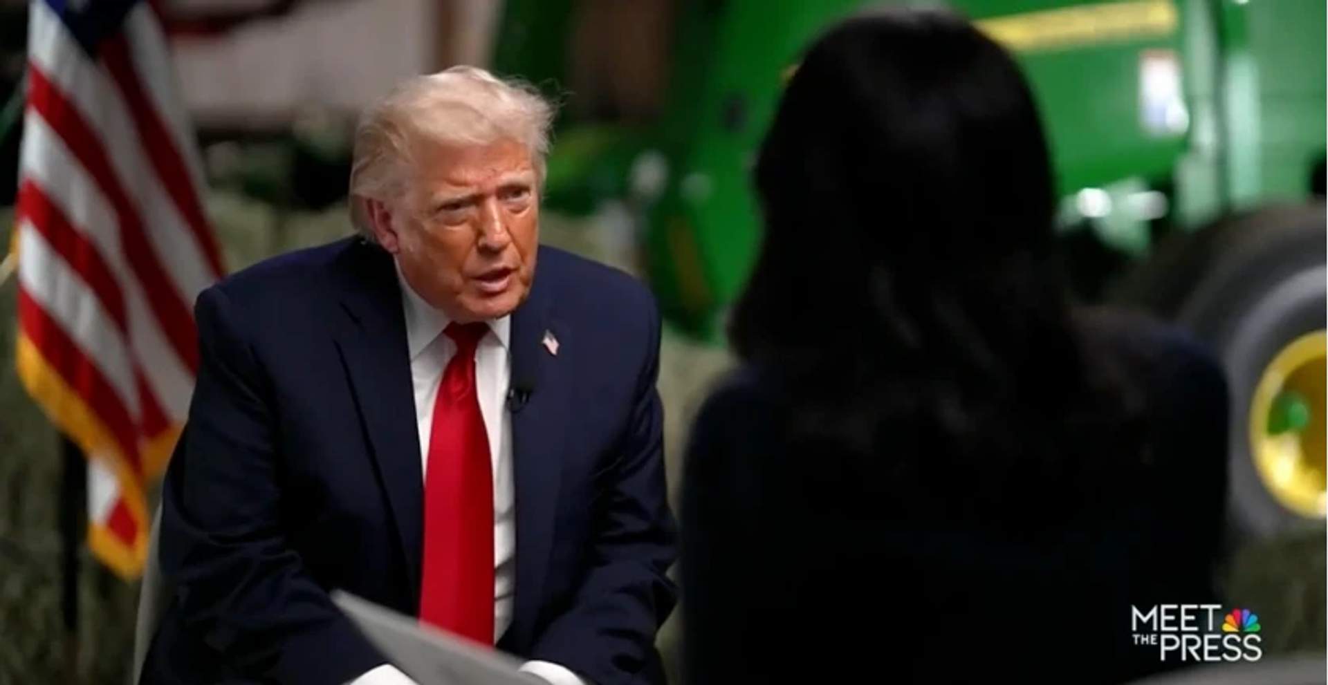 Screenshot from Meet the Press showing Trump during his heated exchange with Kristen Welker before calling her crooked and storming off.