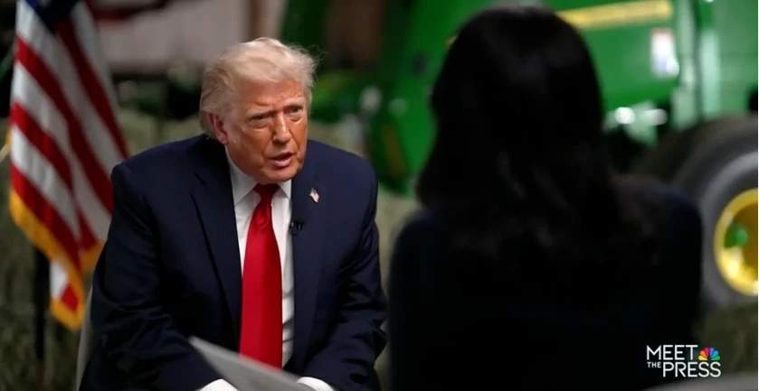 Screenshot from Meet the Press showing Trump during his heated exchange with Kristen Welker before calling her crooked and storming off.