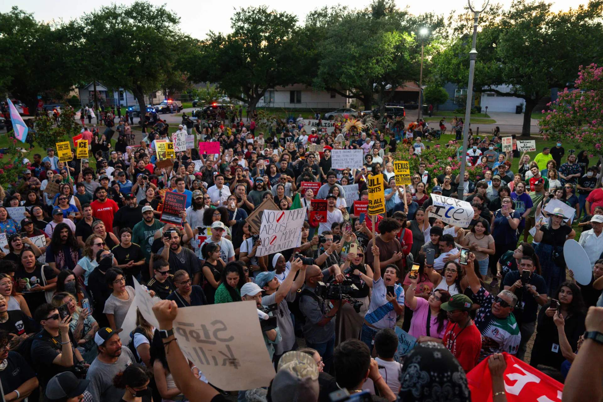 Hundreds of protesters march through Houston's Magnolia Park neighborhood protesting the ICE shooting of Lorenzo Salgado Araujo