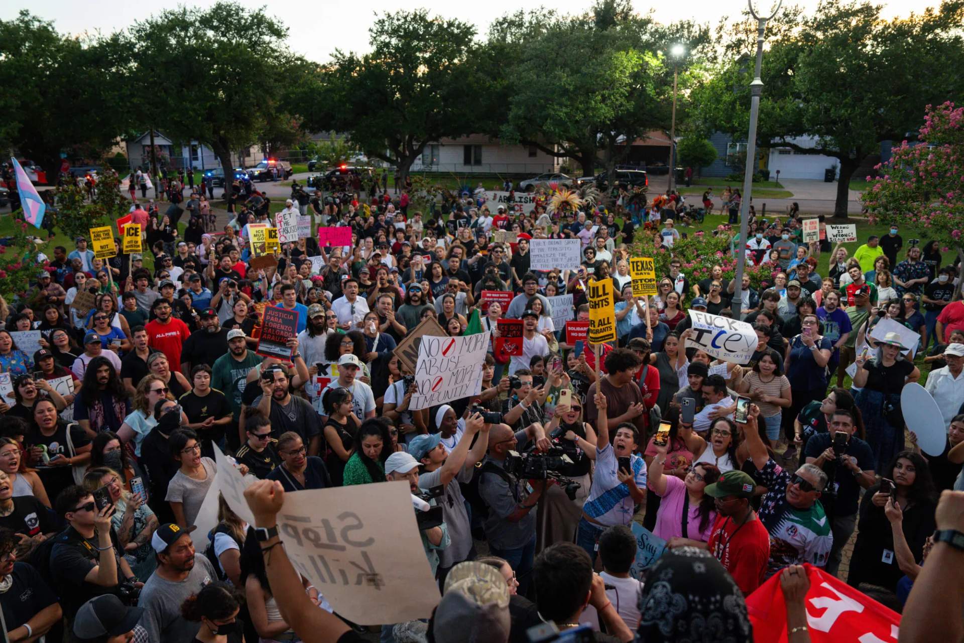 Hundreds of protesters march through Houston's Magnolia Park neighborhood protesting the ICE shooting of Lorenzo Salgado Araujo