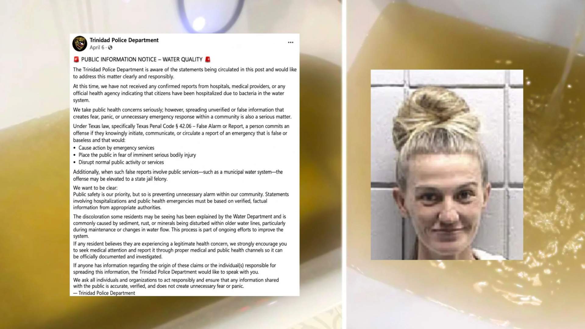 Facebook post paired with Combs mug shot over images of the filthy water.