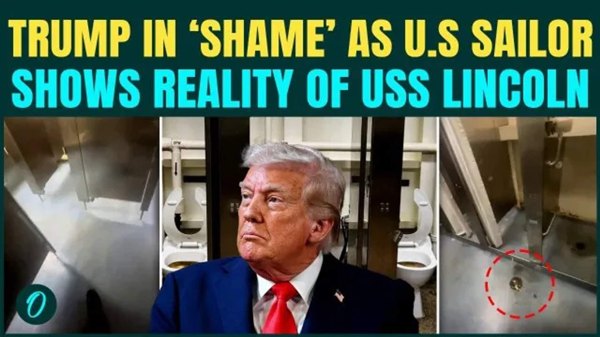 Screenshot from a sailor's video showing grimy shower and toilet conditions aboard the USS Abraham Lincoln during its extended combat deployment.